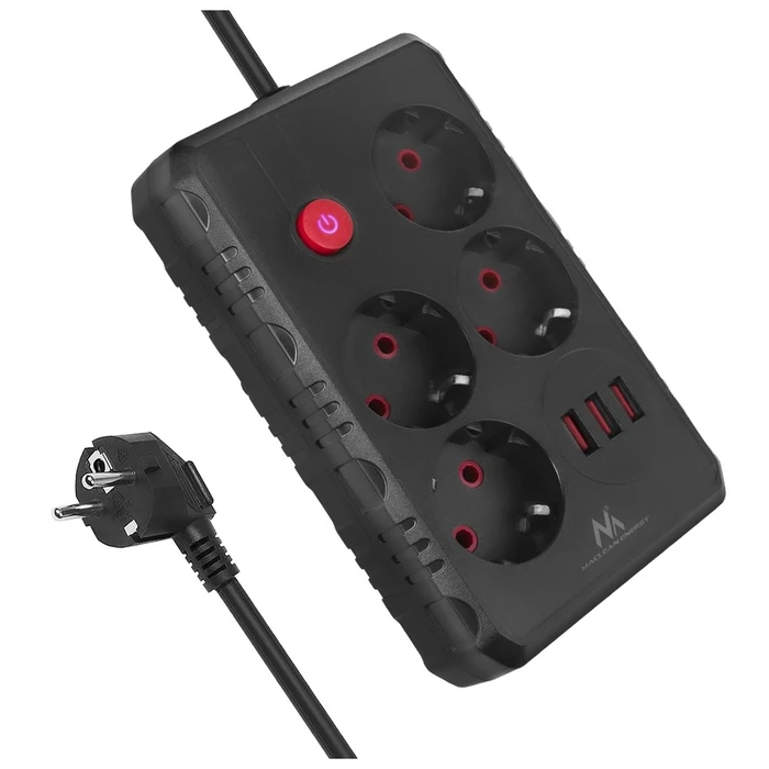 Πολύπριζο Maclean 4-socket cable + 3xUSB, 110-240V AC 50/60Hz, 2.1A max 2500W, 3m, Black, MCE393 B