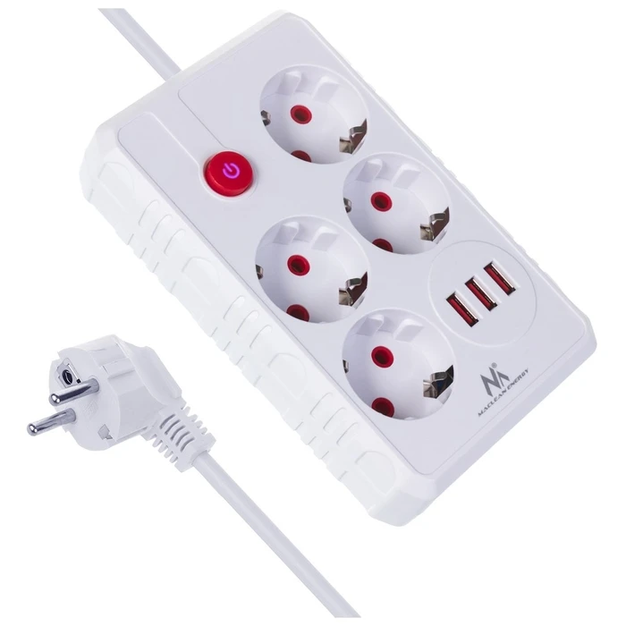 Πολύπριζο Maclean 4-socket cable + 3xUSB, 110-240V AC 50/60Hz, 2.1A max 2500W, 3m, White, MCE393 W