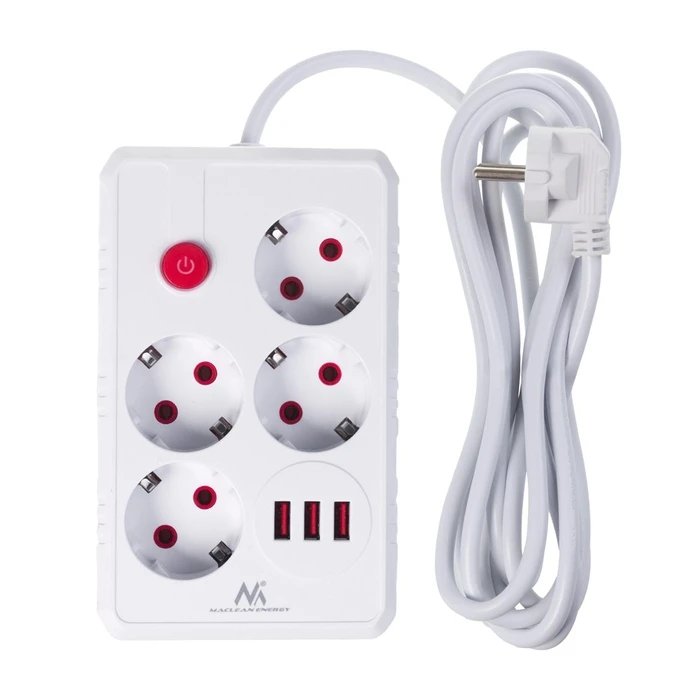Πολύπριζο Maclean 4-socket cable + 3xUSB, 110-240V AC 50/60Hz, 2.1A max 2500W, 3m, White, MCE393 W