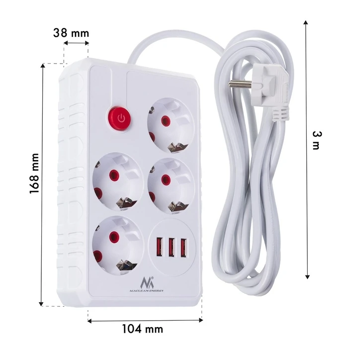 Πολύπριζο Maclean 4-socket cable + 3xUSB, 110-240V AC 50/60Hz, 2.1A max 2500W, 3m, White, MCE393 W