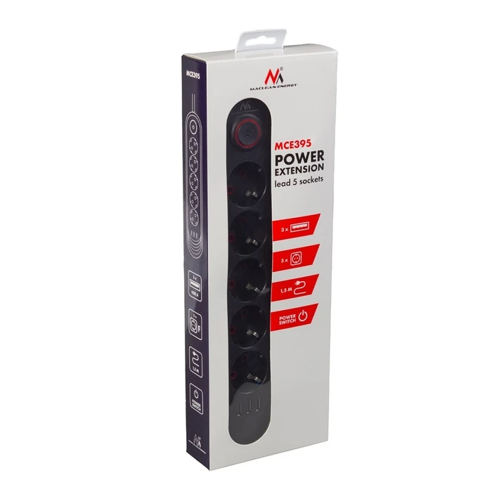 Πολύπριζο Maclean 5 socket cable + 3xUSB, 110-240V AC 50/60Hz, 2.1A max 2500W, 1.5m, Black, MCE395 B