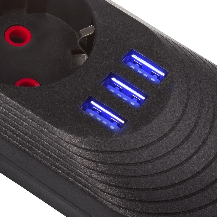 Πολύπριζο Maclean 5 socket cable + 3xUSB, 110-240V AC 50/60Hz, 2.1A max 2500W, 1.5m, Black, MCE395 B