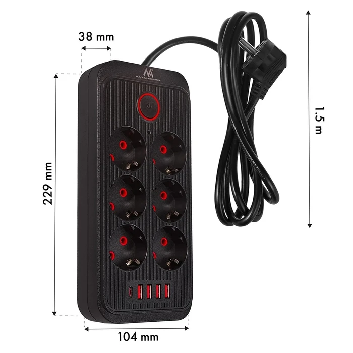 Πολύπριζο Maclean 6 socket + 4xUSB, 110-240V AC 50/60Hz, 2.1A max 2500W, 1.5 m, Black, MCE389 B