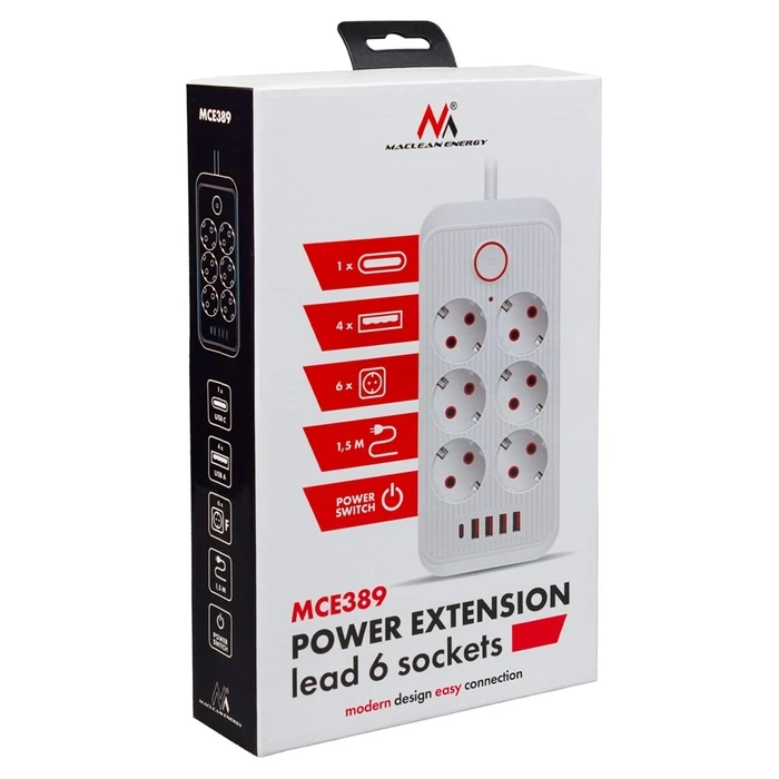 Πολύπριζο Maclean 6 socket + 4xUSB, 110-240V AC 50/60Hz, 2.1A max 2500W, 1.5 m, White, MCE389 W