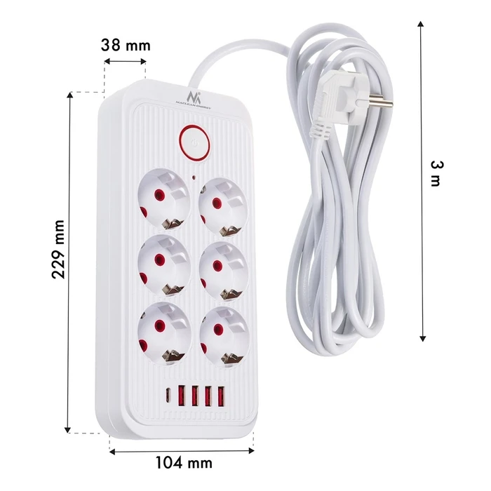 Πολύπριζο Maclean 6 socket + 4xUSB, 110-240V AC 50/60Hz, 2.1A max 2500W, 3m, White, MCE391 W