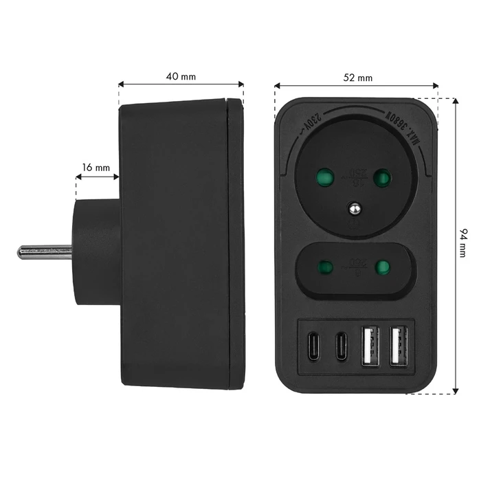 Πολύπριζο Maclean current socket x2 + 4xUSB, with 2 sockets, 2xUSB A, 2xUSB C PD 20W, 1x16A + 1x6A, MCE249 F/B