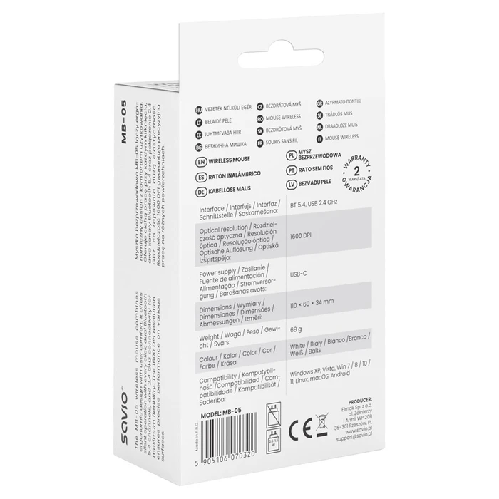 Ποντίκι Ασύρματο Savio MB-05 Universal Ambidextrous Bluetooth 1600 DPI