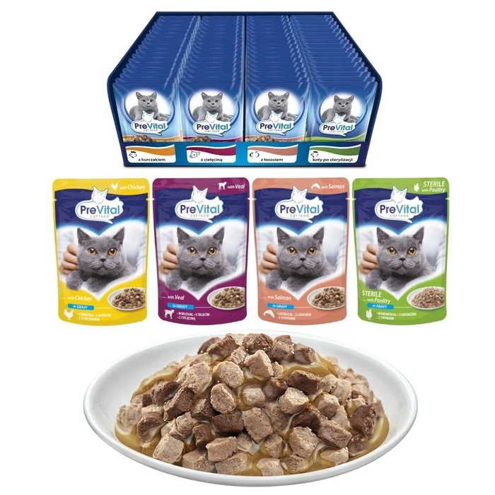 Υγρή Τροφή Γάτας Prevital Cat Food Mix 4 Flavors Chicken, Veal, Salmon, Poultry 96 x 100 g