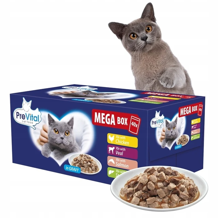 Υγρή Τροφή Γάτας Prevital Mega Box Veal, salmon, liver, chicken 40X100g
