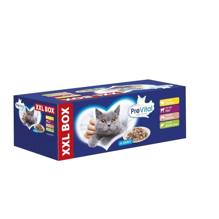 Υγρή Τροφή Γάτας Prevital XXL BOX Flavor Mix with Chicken, Veal, Salmon, and Liver in Gravy 48 x 100g