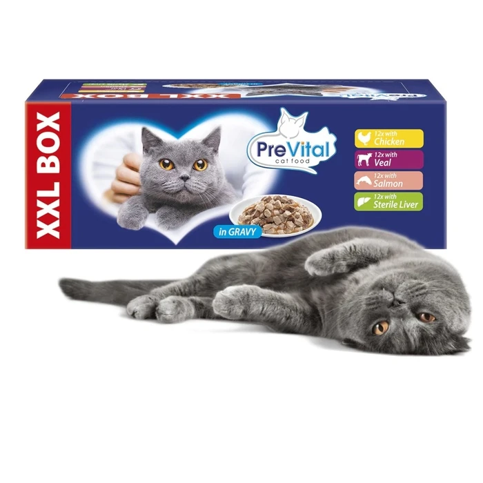 Υγρή Τροφή Γάτας Prevital XXL BOX Flavor Mix with Chicken, Veal, Salmon, and Liver in Gravy 48 x 100g
