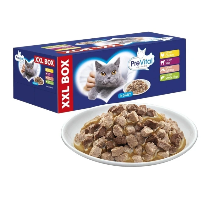 Υγρή Τροφή Γάτας Prevital XXL BOX Flavor Mix with Chicken, Veal, Salmon, and Liver in Gravy 48 x 100g