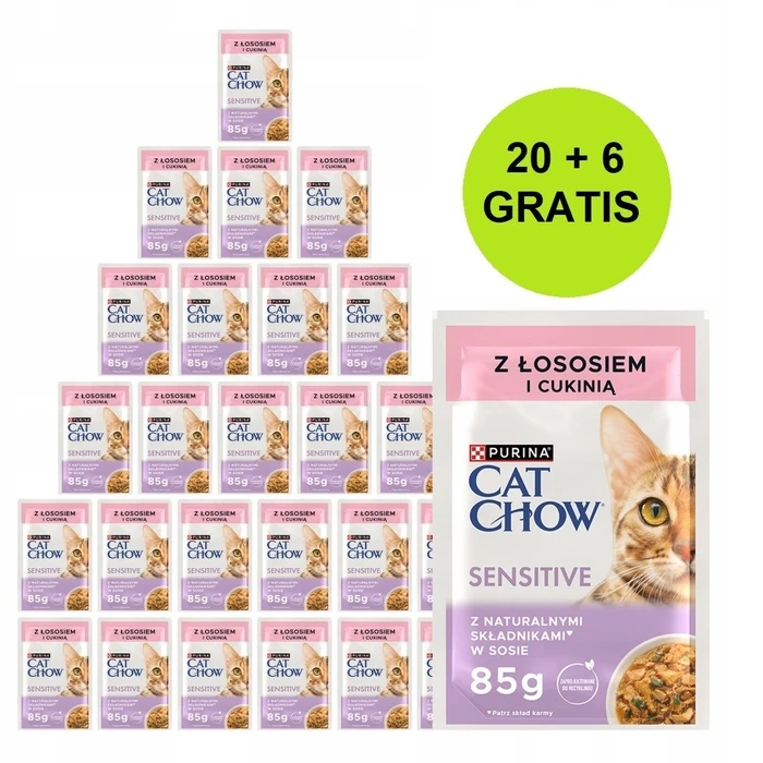 Υγρή Τροφή Γάτας Purina Cat Chow Sensitive with salmon and zucchini in sauce 26x85g (20 + 6 GRATIS)