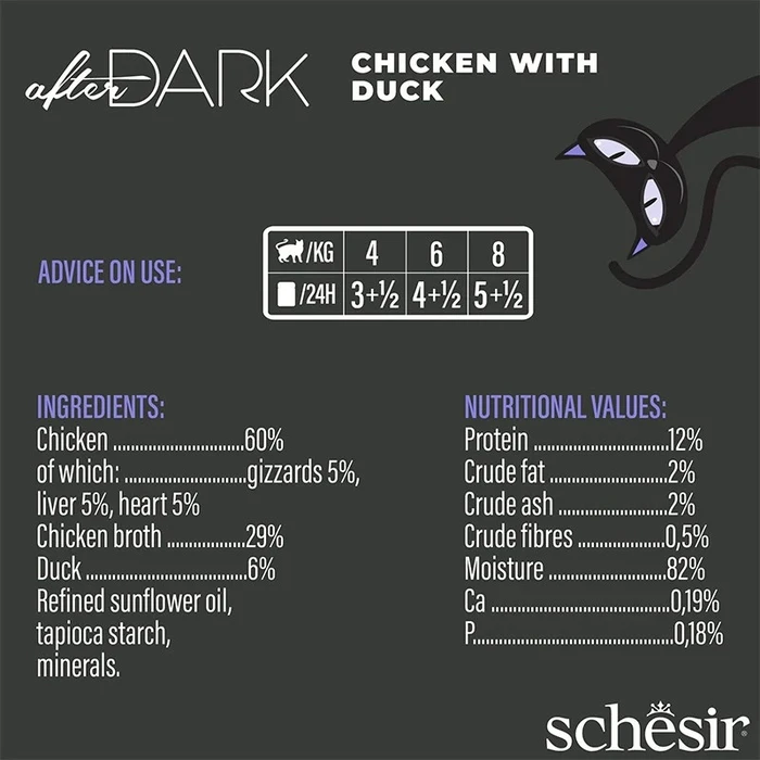 Υγρή Τροφή Γάτας Schesir After Dark Chicken fillet with duck in broth 80g