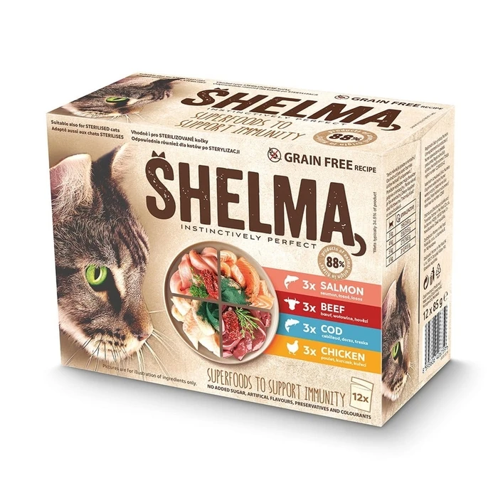 Υγρή Τροφή Γάτας Shelma with salmon, cod, chicken and beef in sauce 12x85g