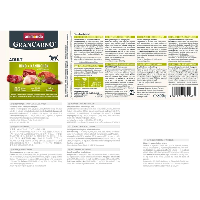 Υγρή Τροφή Σκύλων Animonda GranCarno Adult Beef, rabbit and herbs 800g