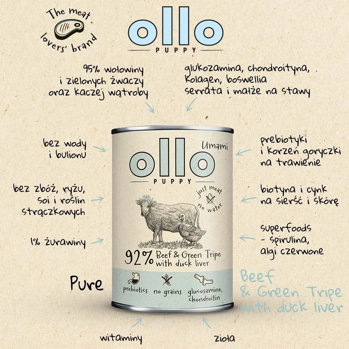 Υγρή Τροφή Σκύλων Ollo Puppy Umami Beef and Green Tripe with Duck Liver 850g