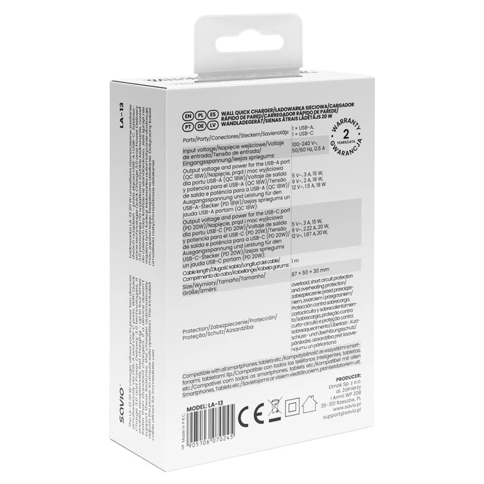 Φορτιστής Πρίζας Savio LA-13 White AC Fast charging Indoor