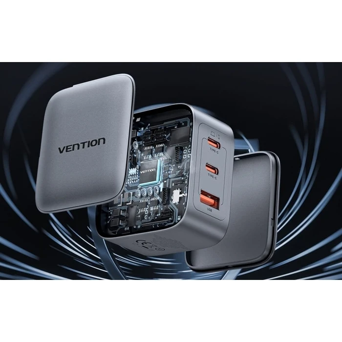 Φορτιστής Πρίζας Vention 70W GaN PD 1x USB-A 2x USB-C BK