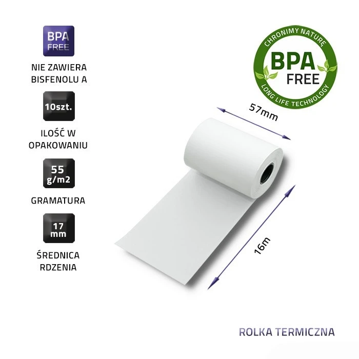 Χαρτοταινίες Ταμειακής Qoltec 51899 Thermal roll 57 x 16 | 55g / m2 | 10 pcs. | BPA free