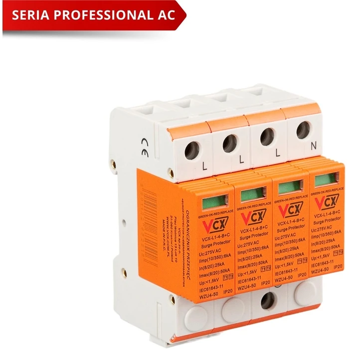 Surge Arrester Class B+C 4P (T1T2) 6kA VCX Prof