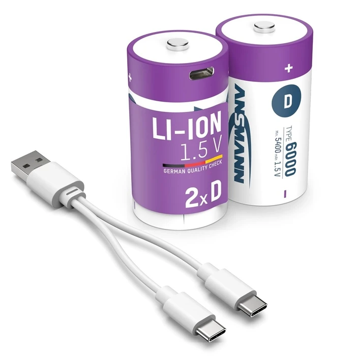 ANSMANN Επαναφορτιζόμενη Μπαταρία D Li‑Ion 6000 mAh (2τεμ.) με USB‑C καλώδιο
