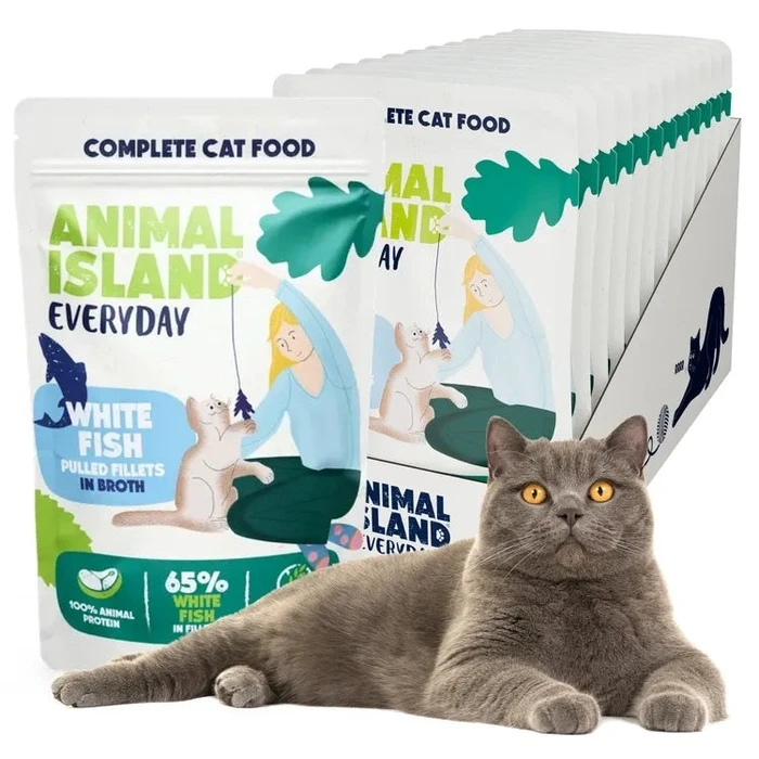 ANIMAL ISLAND Everyday Λευκά φιλέτα ψαριού σε ζωμό - υγρή τροφή για γάτες - 12 x 85 g