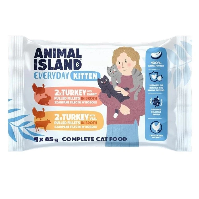 ANIMAL ISLAND Everyday Kitten Γαλοπούλα με κουνέλι, Γαλοπούλα με μοσχάρι - Υγρή τροφή για γατάκια 4x85g