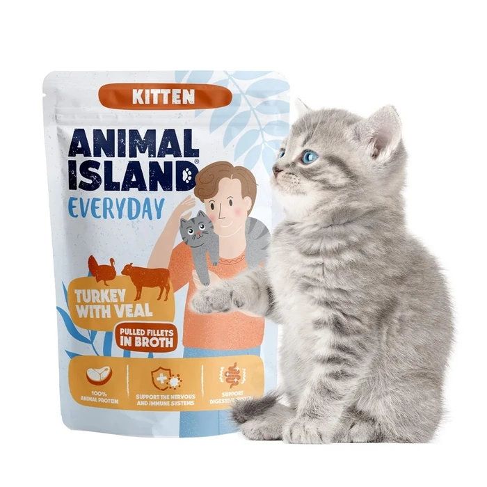 ANIMAL ISLAND Everyday Γατάκι Γαλοπούλα με Μοσχάρι σε ζωμό - Υγρή τροφή γάτας 85 g