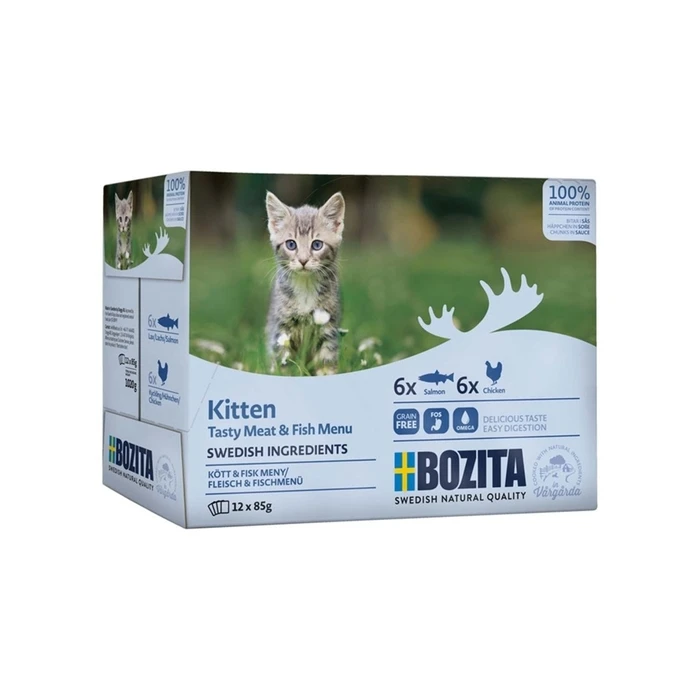 BOZITA Kitten box Meat and fish chunks in sauce Wet kitten food 12x85g