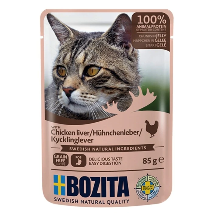 BOZITA Κομμάτια κρέατος σε ζελέ με συκώτι κοτόπουλου, βρεγμένη τροφή για γάτες, 85 g