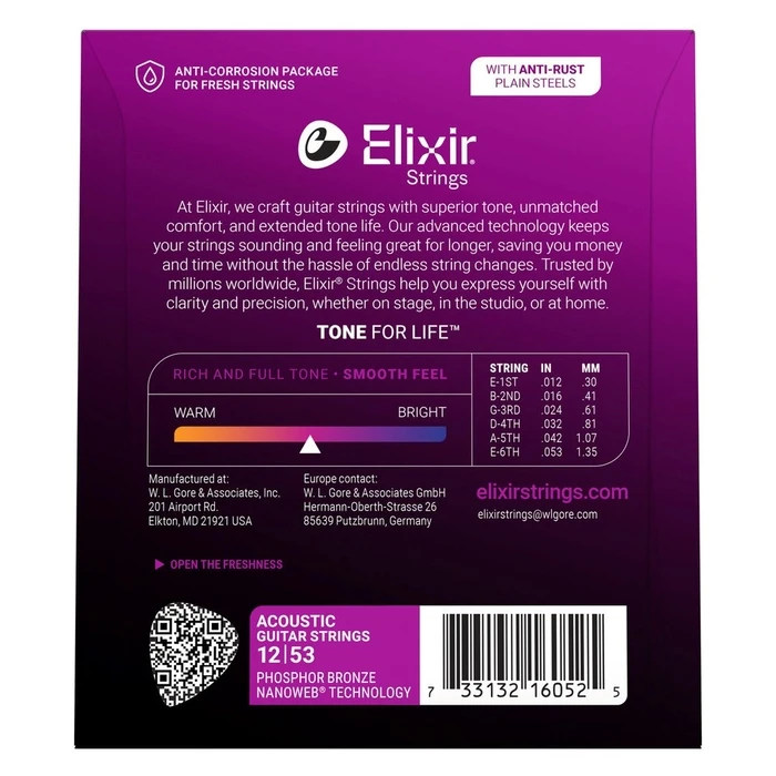 Elixir 16052 Phosphor Bronze Light NW - Acoustic Guitar Strings (12-53)