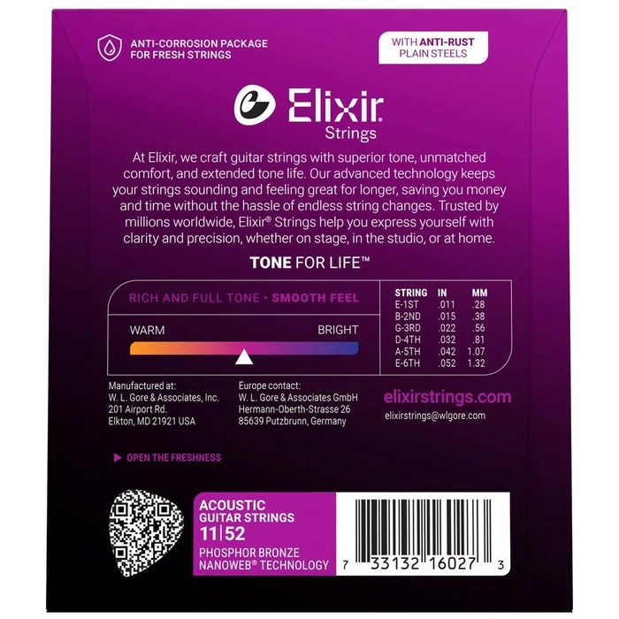 Elixir Strings 16027 Nanoweb Phosphor Bronze Custom Light NW (.011 - .052) - Σετ χορδών ακουστικής κιθάρας