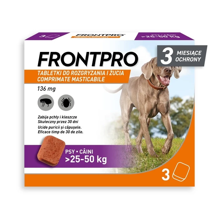 FRONTPRO Flea and Tick Tablets for Dogs (>25-50 kg) - 3 x 136 mg