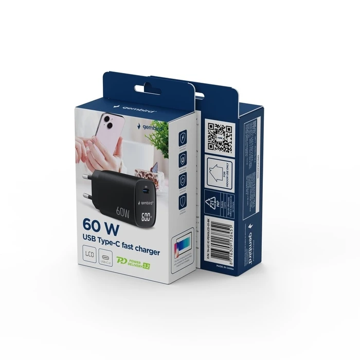 Gembird TA-UC-1C-PD60LCD-01-BK 60W USB Type-C Fast Charger with LCD (Black)