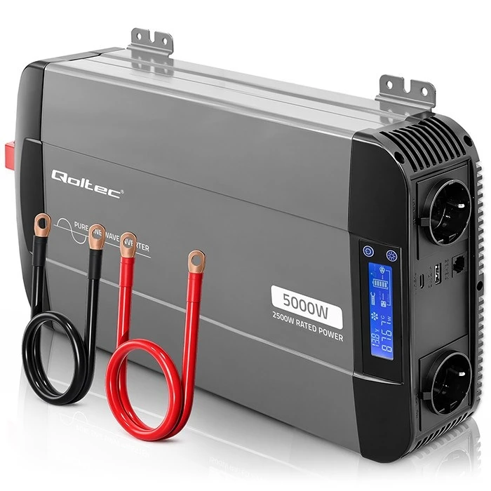 Qoltec Inverter Καθαρής Ημιτόνου 12V σε 230V 2500W/5000W, LCD, USB, USB‑C, Συμβατό με LiFePO4/GEL/AGM (MPN 52692)