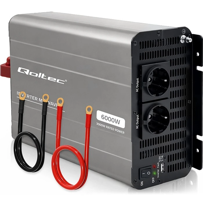 Qoltec MS Wave Power Inverter | 12V DC to 230V AC | 3000W continuous / 6000W peak | USB | Compatible with LiFePO4, GEL, AGM