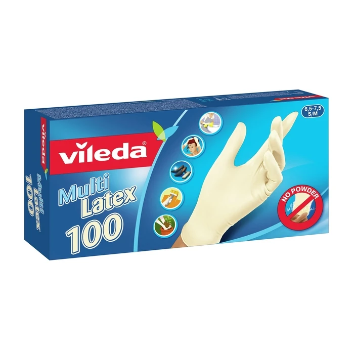 Vileda Multi Latex Disposable Gloves, Beige, Size S/M, 100 pcs (MPN 179652)