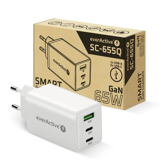 everActive Charger GaN 65W 1x USB-A 2x USB-C Quick Charge 4+ White (SC-655Q)