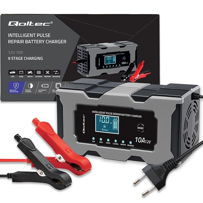 Qoltec 52493 12V 10A Battery Charger / Rectifier with Repair Function (LCD)