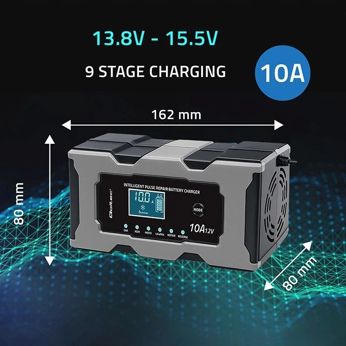 Qoltec 52493 12V 10A Battery Charger / Rectifier with Repair Function (LCD)