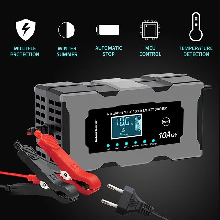 Qoltec 52493 12V 10A Battery Charger / Rectifier with Repair Function (LCD)