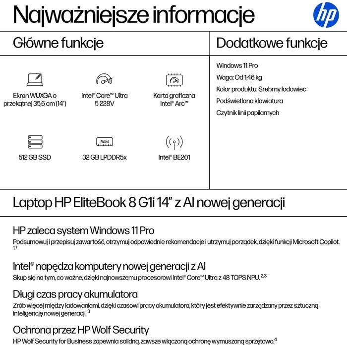 HP EliteBook 8 G1i 14" - Φορητός υπολογιστής (Intel Core Ultra 5 228V, 32GB LPDDR5x, 512GB NVMe SSD, Intel Arc, Windows 11 Pro) - Glacier Silver (International English Keyboard)