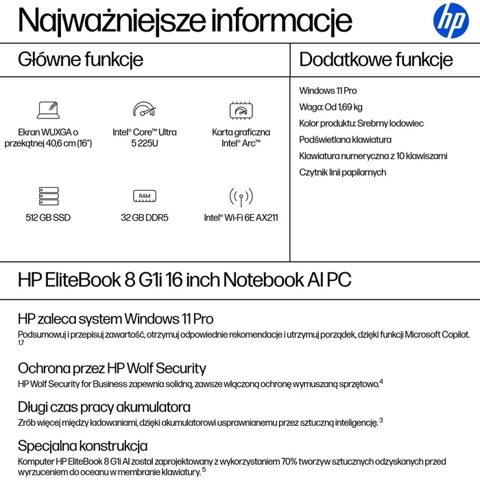 HP EliteBook 8 G1i 16" WUXGA - Intel Core Ultra 5 225U, 32GB DDR5, 512GB NVMe SSD, Glacier Silver (International English Keyboard)