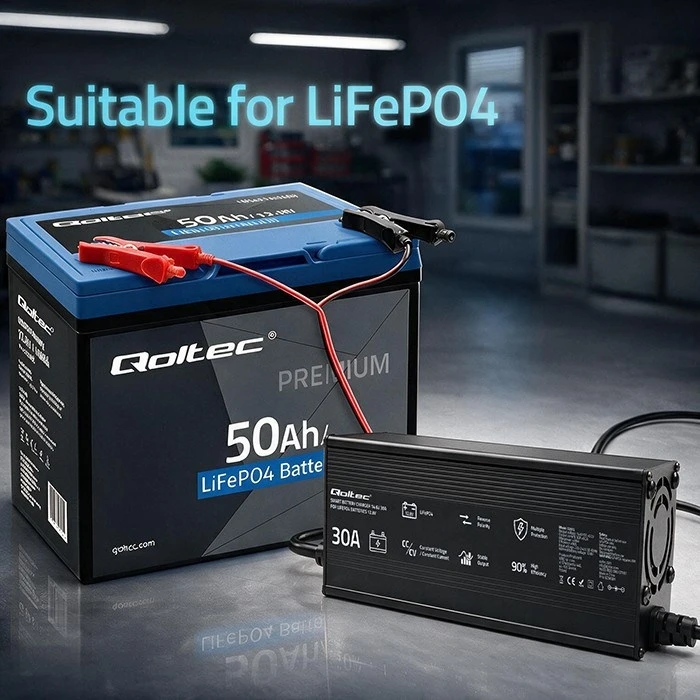 Qoltec Ειδικός φορτιστής μπαταρίας LiFePO4 12V 30A PF 0.9 με LED, Έξυπνη φόρτιση