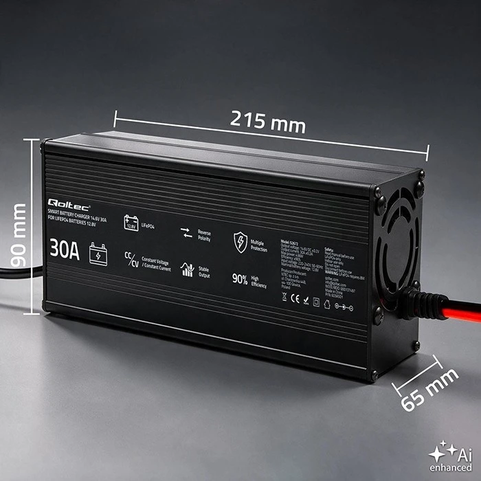 Qoltec Ειδικός φορτιστής μπαταρίας LiFePO4 12V 30A PF 0.9 με LED, Έξυπνη φόρτιση