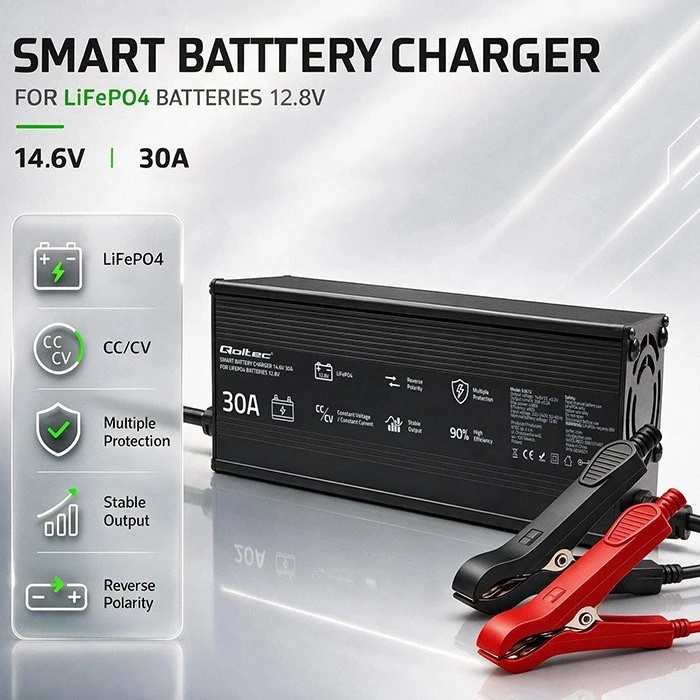 Qoltec Ειδικός φορτιστής μπαταρίας LiFePO4 12V 30A PF 0.9 με LED, Έξυπνη φόρτιση