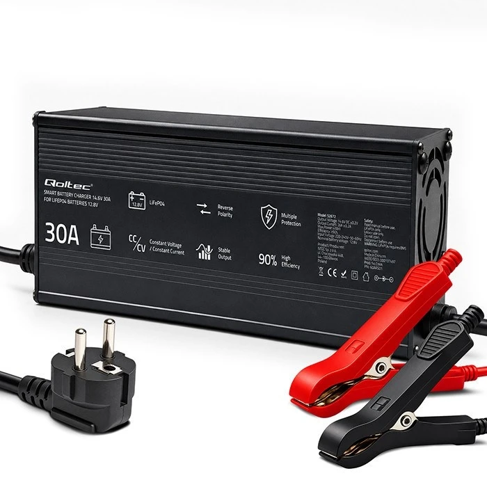 Qoltec Ειδικός φορτιστής μπαταρίας LiFePO4 12V 30A PF 0.9 με LED, Έξυπνη φόρτιση