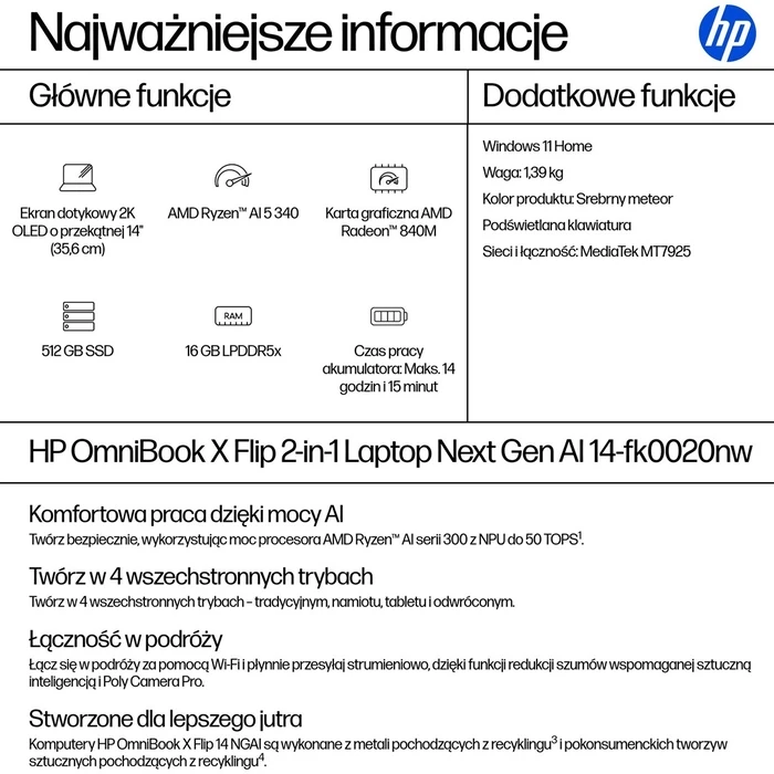 HP OmniBook X Flip Next Gen AI 14-fk0020nw Copilot+ PC 2-in-1 14" (Meteor Silver) (US Keyboard)