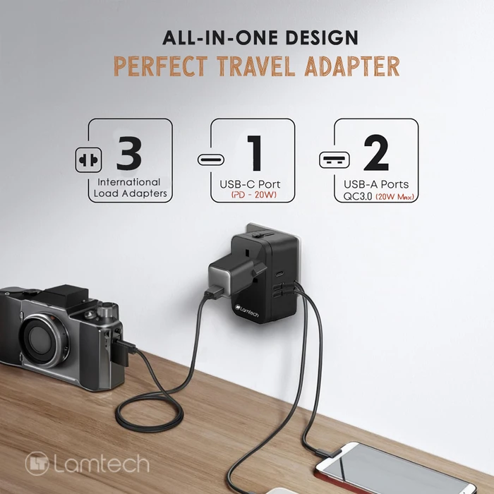 Φορτιστής Πρίζας Lamtech Universal 2xusb 1xtype-C 20w Black